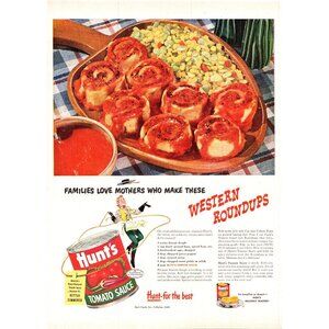 1951 Hunt's Tomato Sauce Western Roundups Recipe Vintage Print Ad 50s Wall Art